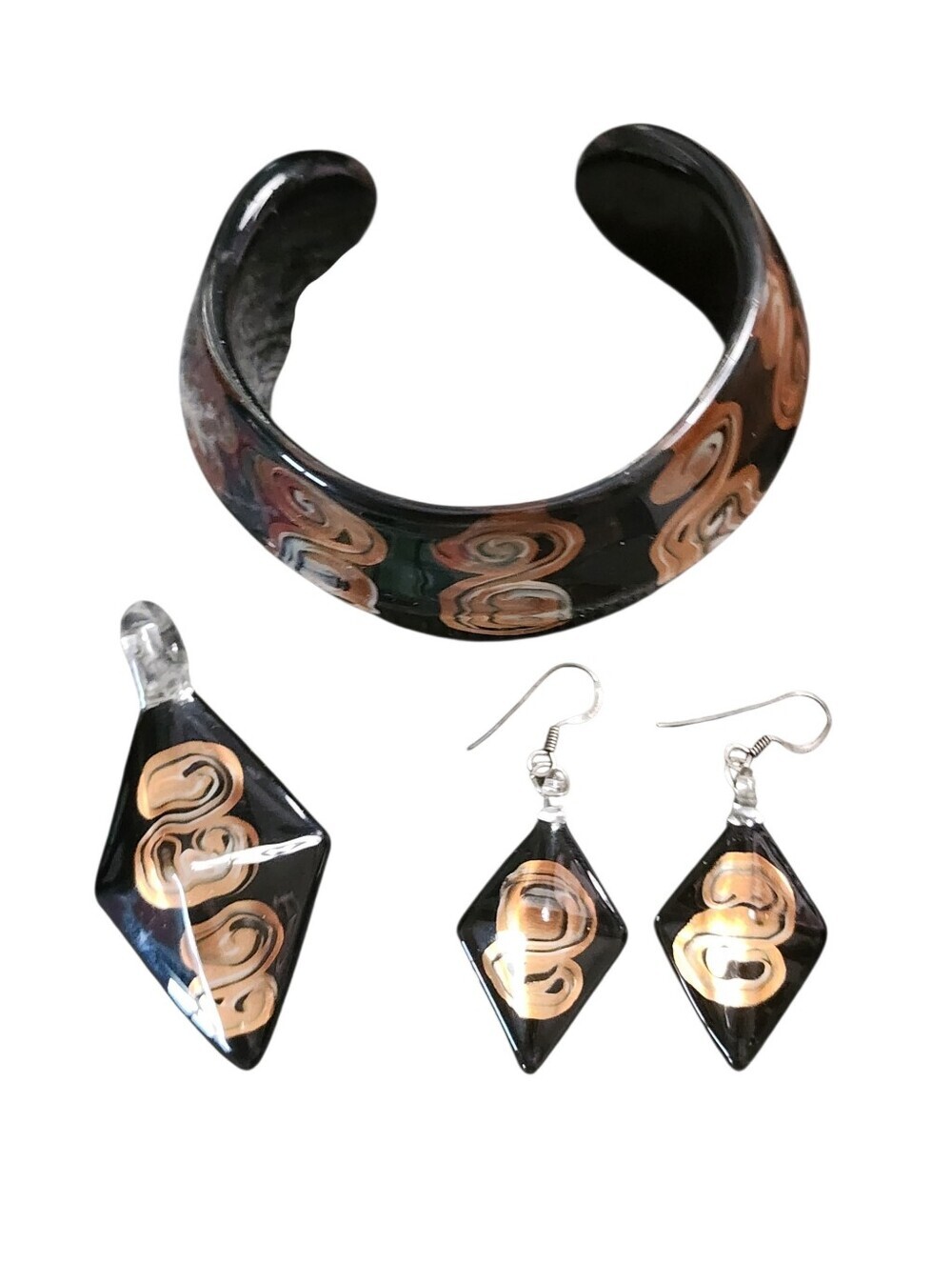 Handcrafted Black Gold Glass Cuff Bracelet Pendant Earring Set